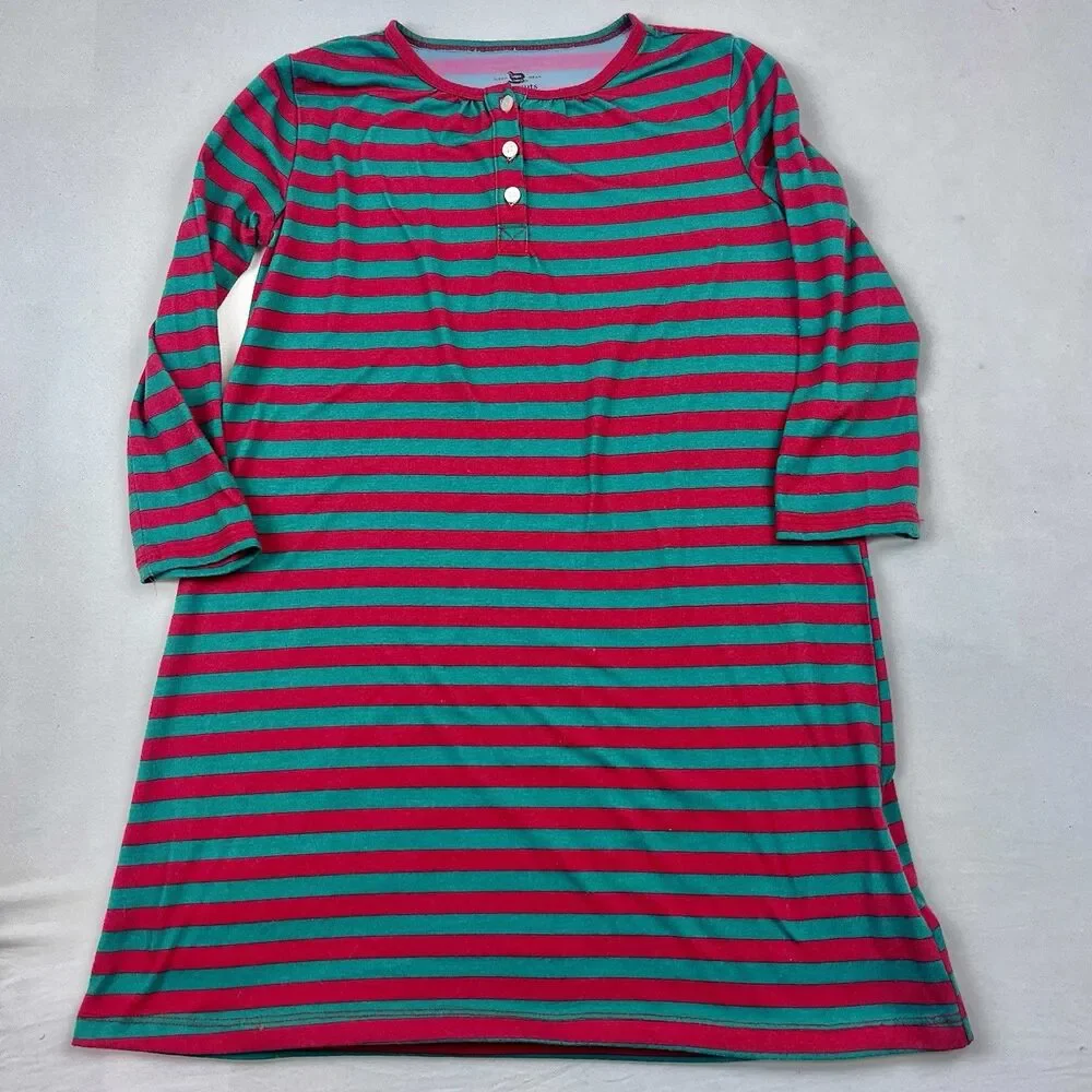 J. Crew Girl's Crewcuts Nightgown Size 7 Red Green Stripe Long Sleeve Pajamas